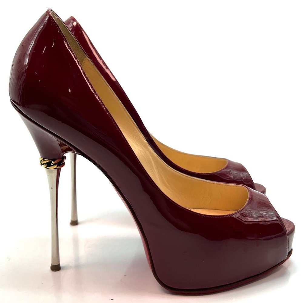 Christian Louboutin Burgundy Patent Leather Chain Metal Heel Pumps 38.5